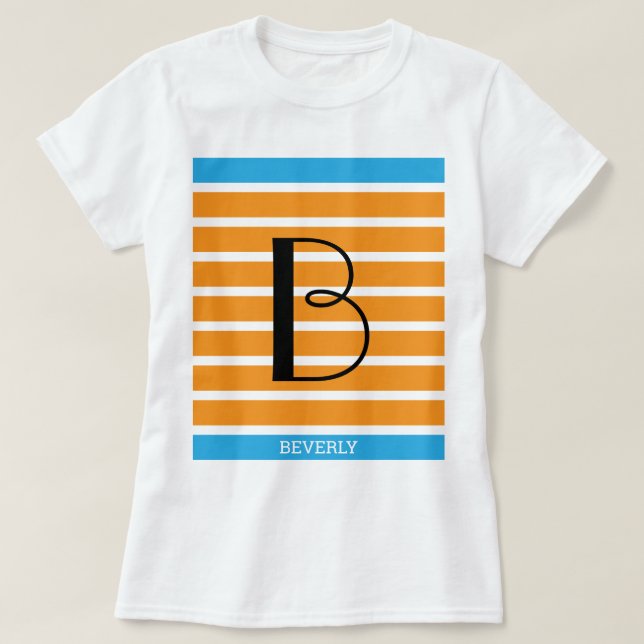 9 Streifen Orange Blue Personalisiert Monogram T-Shirt (Design vorne)