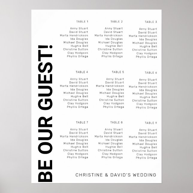 9 Tabelle Einfaches White Wedding Chart Poster (Vorne)