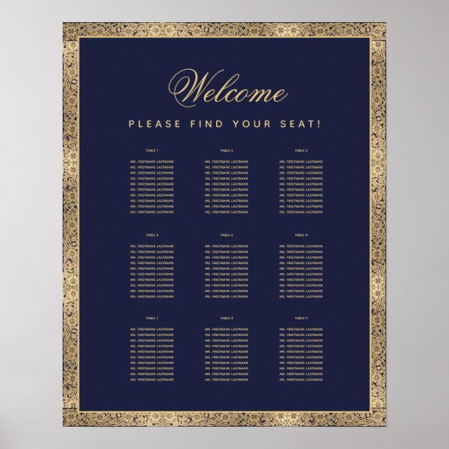 9 Tabelle Elegante Navy Blue Gold Rose Seating Cha Poster (Vorne)