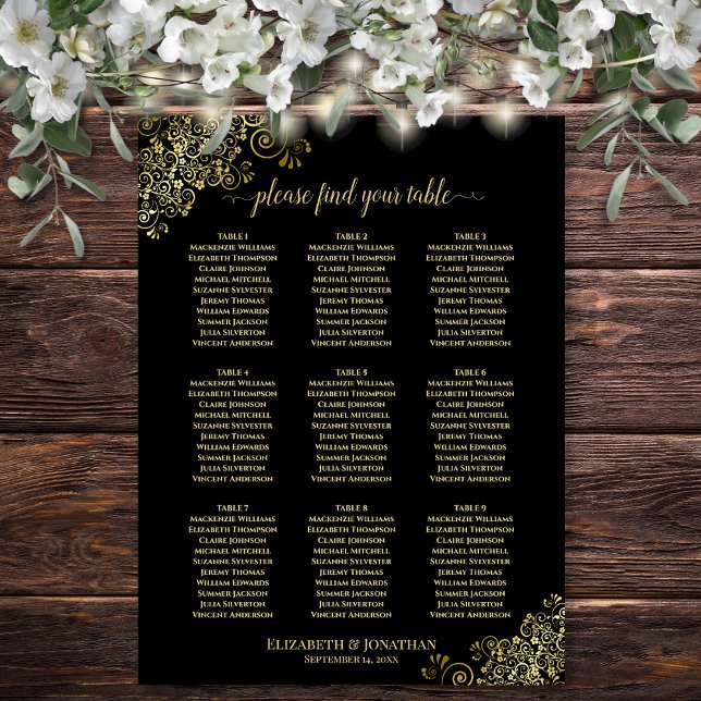 9 Tabelle Hochzeitskarte Schwarz mit Gold Frills Poster (In Situ on Wall with Decorations)