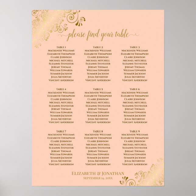 9 Tabelle Hochzeitssattel Korallenpfirsich & Gold Poster (Vorne)