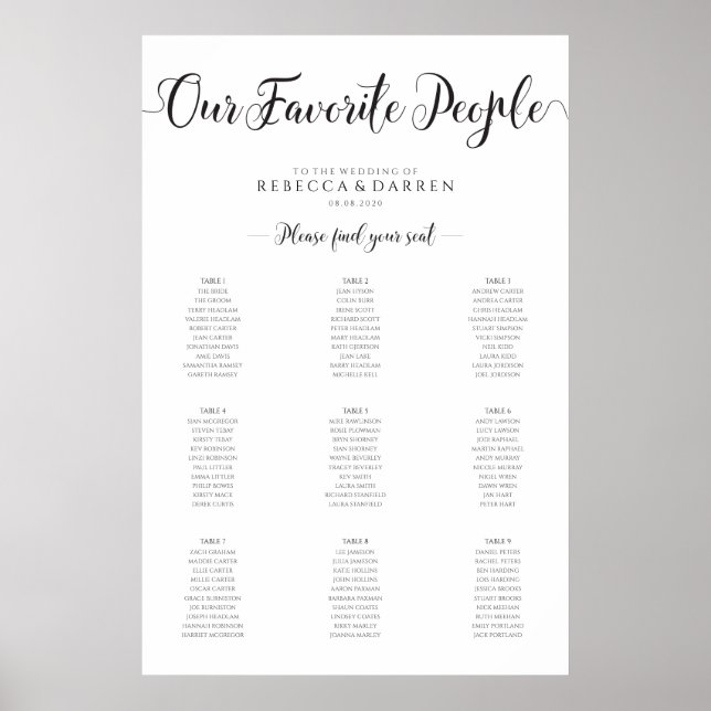 9 Tabelle Hochzeitssitzkarten Unsere Lieblingsmens Poster (Vorne)