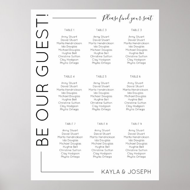9 Tabelle Minimalistische Hochzeitdiagrammvorlage Poster (Vorne)