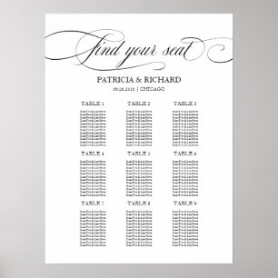 9 Tabellen Hochzeitsdiagramm schwarze Schrift Poster