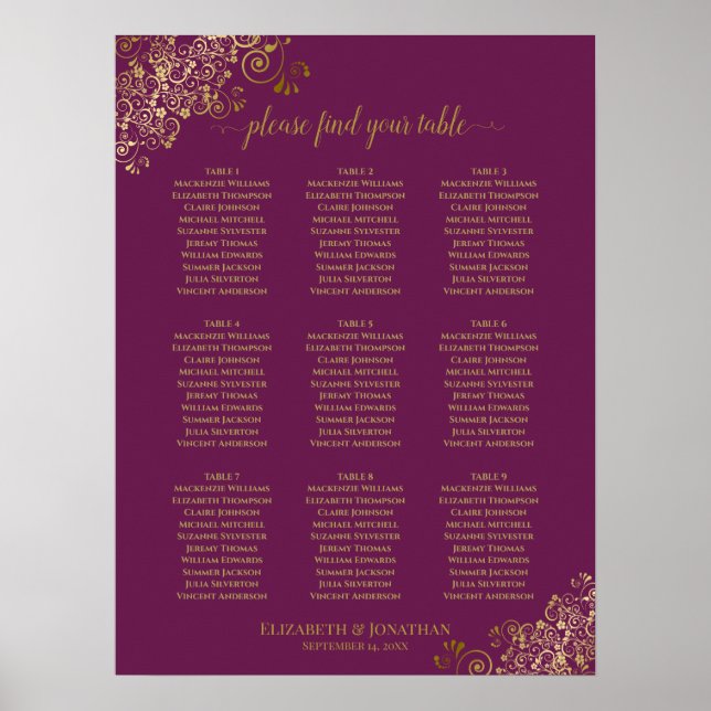 9 Table Wedding Seating Chart Cassis Lila & Gold Poster (Vorne)