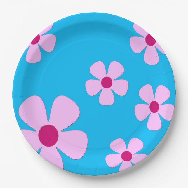 9" Teller, blau mit rosa Blume Pappteller (Vorderseite)