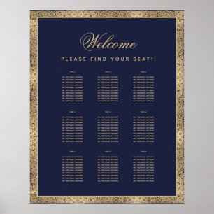 9 Tisch Elegant Navy Blau Gold Rosen Sitzordnung Poster