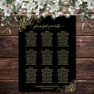 9-Tisch-Hochzeits-Sitzplan schwarz mit goldenen Ve Poster