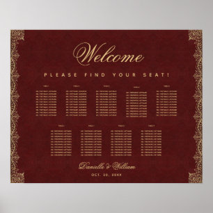9 Tische Burgund Gold Schrift Alt Sitzordnung Poster