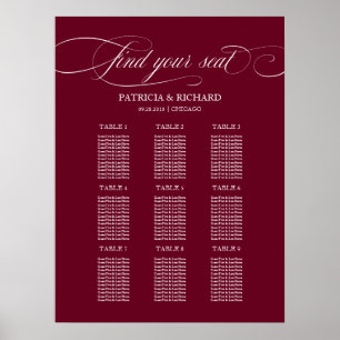 9 Tische Burgunder-Marsala-Hochzeitssitzplan Poster
