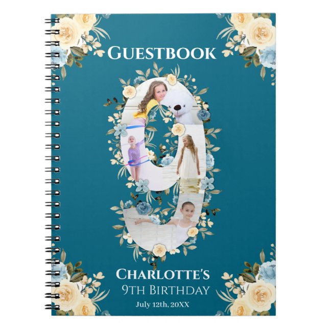 9e anniversaire Fleur Turquoise Photo Jaune Livre  (Devant)