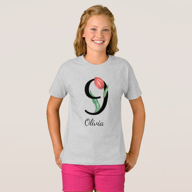 9e anniversaire Floral Nom personnalisé T-shirt (Devant entier)