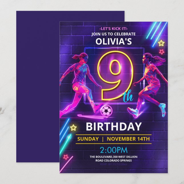 9e anniversaire Neon Football Invitation (Devant / Derrière)