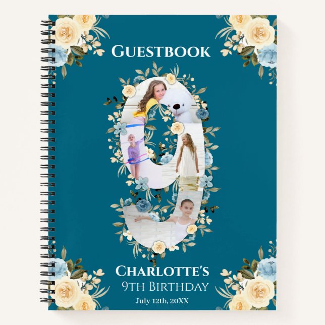 9e anniversaire Turquoise Fleur Photo Jaune Livre  (Devant)