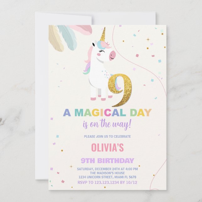 9e anniversaire Unicorn Anniversaire Invitations (Devant)