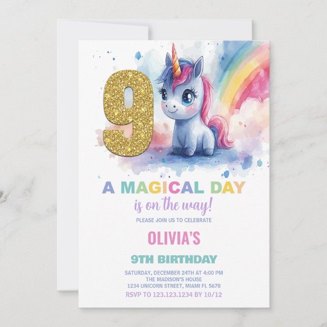 9e anniversaire Unicorn Anniversaire Invitations (Devant)