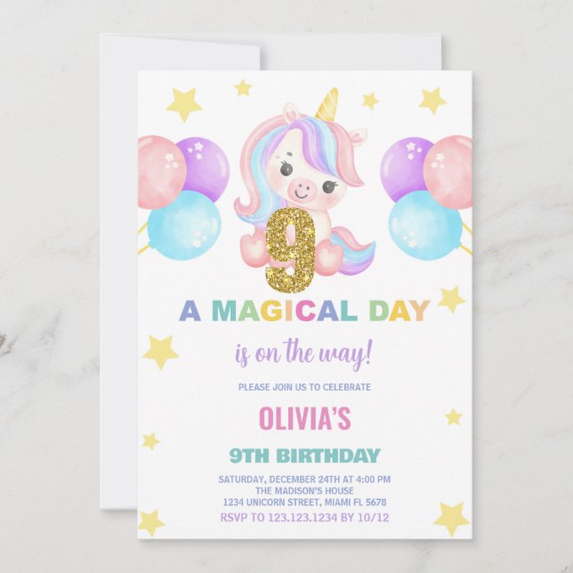 9e anniversaire Unicorn Anniversaire Invitations (Devant)