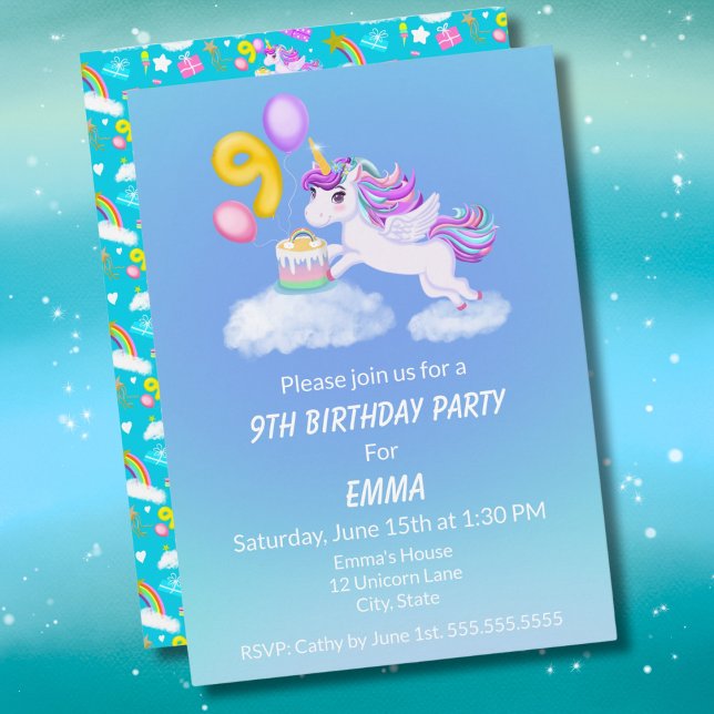 9e anniversaire Unicorne avec invitation de gâteau (Créateur téléchargé)