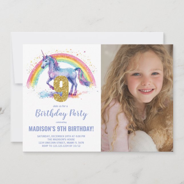 9e Rainbow Unicorn Birthday Invitations photo (Devant)