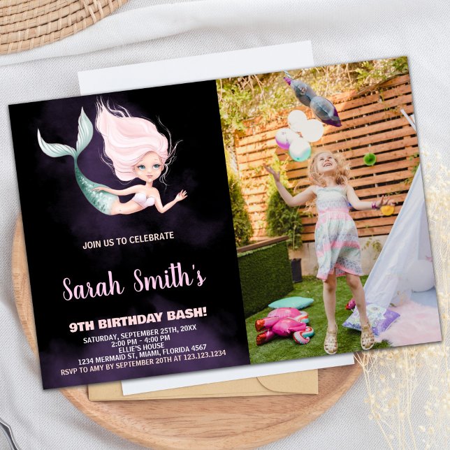 9e Sirène blonde Invitations d'anniversaire avec p (9th Blond Mermaid Birthday Invitations With Photo)