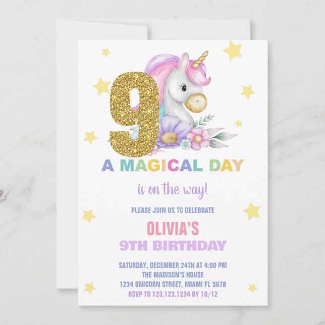 9e Unicorne florale Invitations d'anniversaire (Devant)