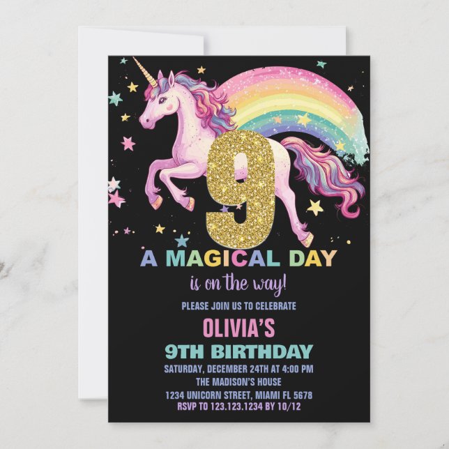 9e Unicorne Invitations Anniversaire Noir (Devant)