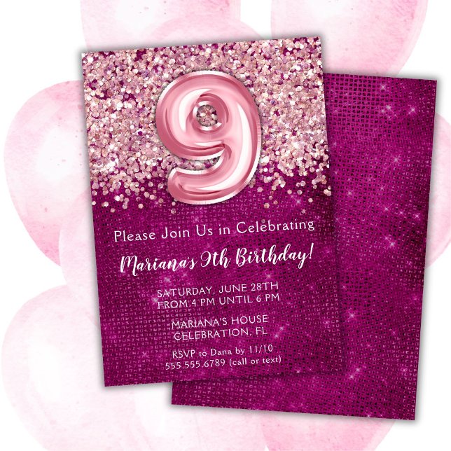 9ème anniversaire Invitation Girly Magenta Parties (Créateur téléchargé)