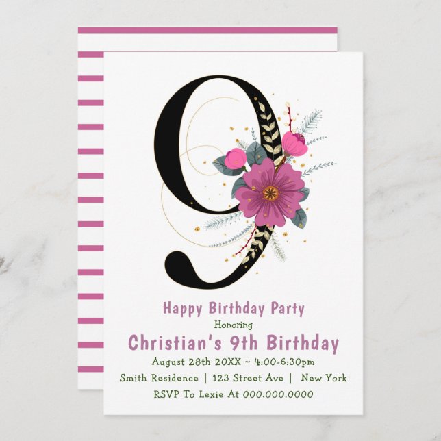 9ème typographie florale Invitations d'anniversair (Devant / Derrière)