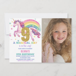 9ème Unicorn Anniversaire Invitations avec photo