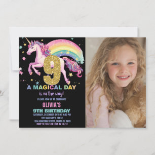 9ème Unicorn Invitations Anniversaire Noir avec ph