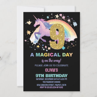 9ème Unicorn Invitations d'anniversaire