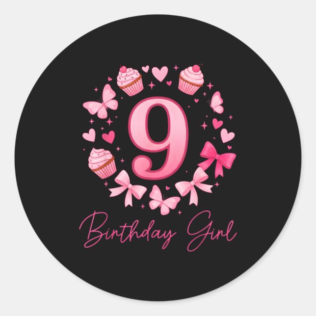 9th Birthday Girl Aesthetic Coquette Bow  Runder Aufkleber (Vorderseite)