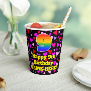 9th Birthday: Loving Hearts Pattern, Rainbow 9 Pappbecher