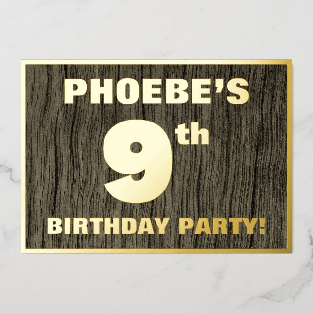9th Birthday Party: Bold, Faux Wood Grain Pattern Folieneinladung (Vorderseite)