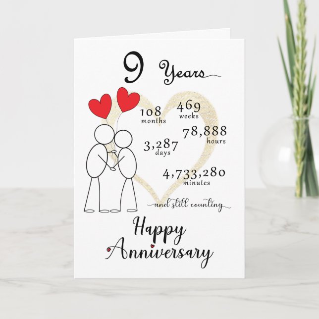 9th Wedding Jubiläumskarte mit 2 Herzblasen Dankeskarte (Vorderseite)