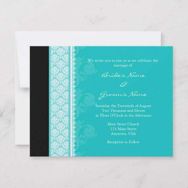 A2 Invitations Turquoise One Side Mariage damassé (Devant)