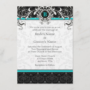 A6 Invitation au mariage d'un monogramme noir turq