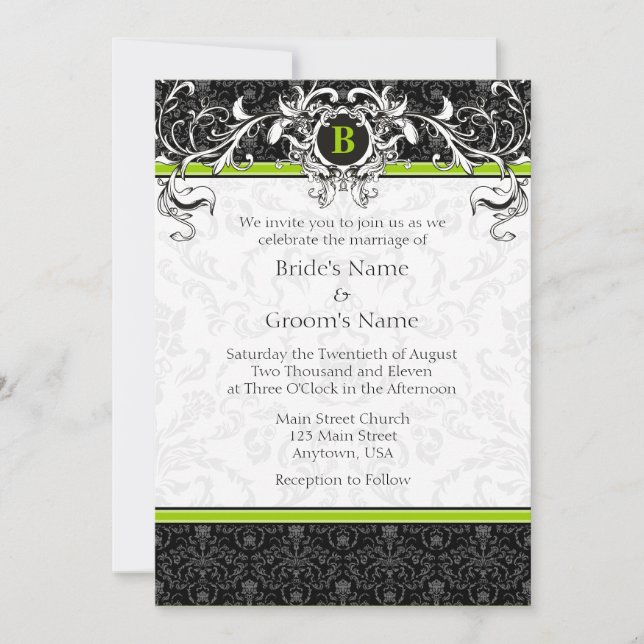 A7 Lime Green Black Damask Monogramme Invitation a (Devant)