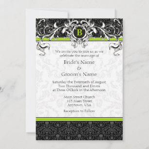 A7 Lime Green Black Damask Monogramme Invitation a