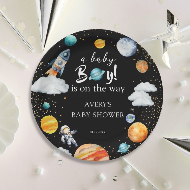 A Baby Boy Is On The Way Space Baby Shower Pappteller (Von Creator hochgeladen)