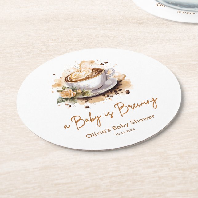 A Baby is Brewing Brown Coffee Baby Shower Runder Pappuntersetzer (Angewinkelt)