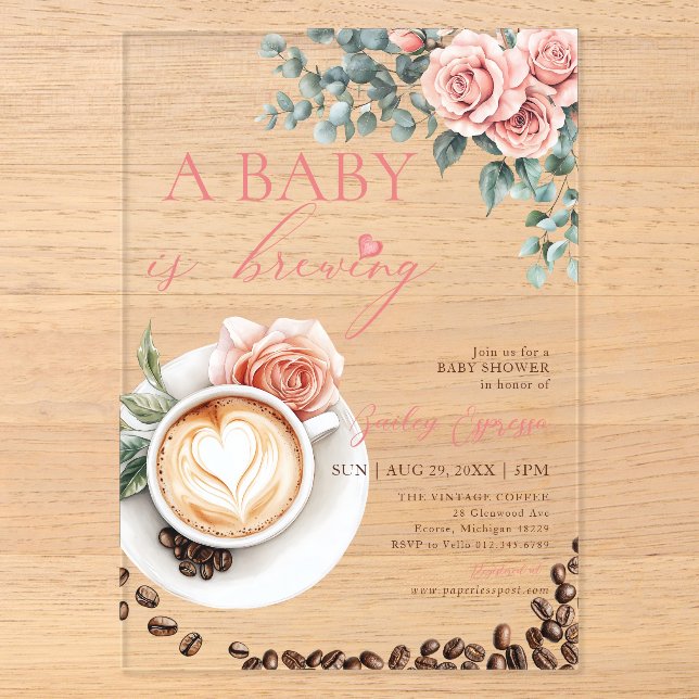 A Baby is Brewing Romantic Coffee Baby Shower Acryleinladungen (Vorderseite)