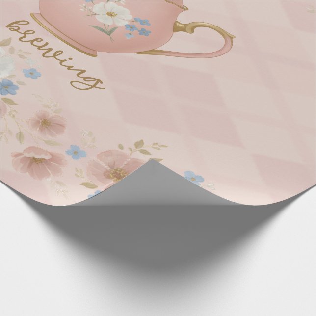 A baby is brewing Tea Party Pink Plaid Baby Shower Geschenkpapier (Ecke)
