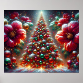 A Beautifully Decorated Christmas Tree and Flowers Poster