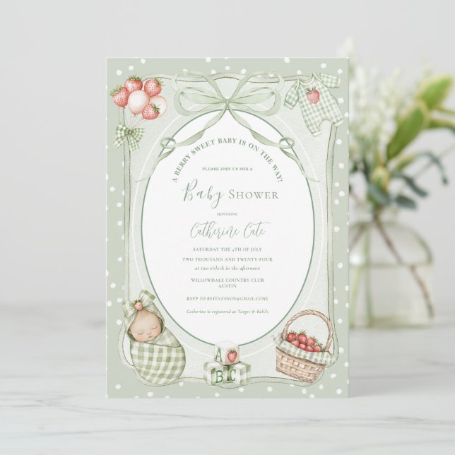 A Berry Sweet Baby Cute Baby Shower Einladung (Stehend Vorderseite)
