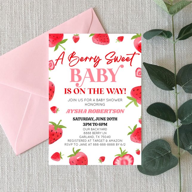 A Berry Sweet Baby Strawberry Pink Red Baby Shower Einladung (Von Creator hochgeladen)
