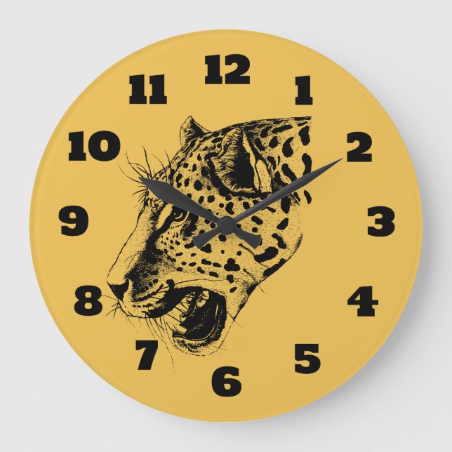 A Black and Yellow Hand Drawn Leopard Illustration Große Wanduhr (Vorderseite)