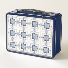 A blue and white metal lunchbox with a geometric 