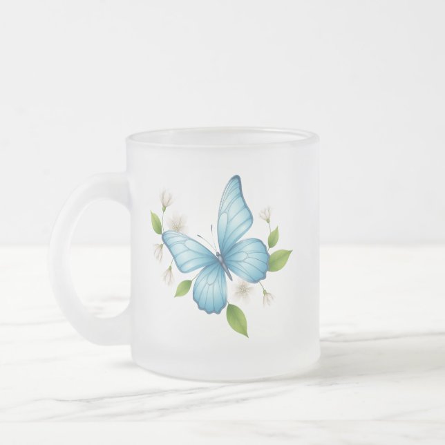 A Blue butterfly frosted glass Mug Mattglastasse (Links)