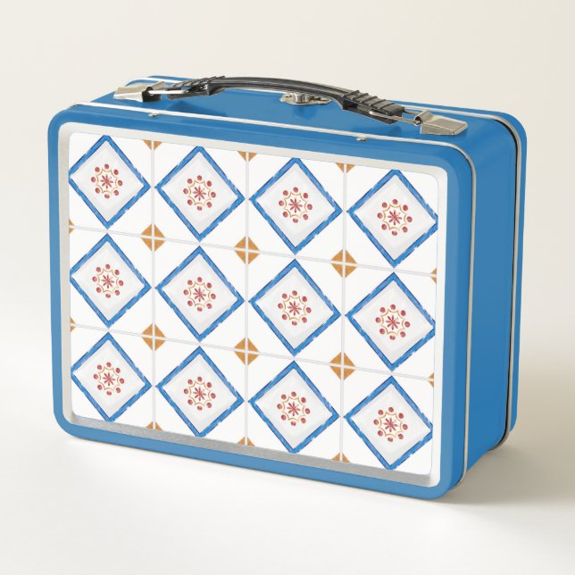 A blue metal lunchbox features a geometric tile  (Rückseite)